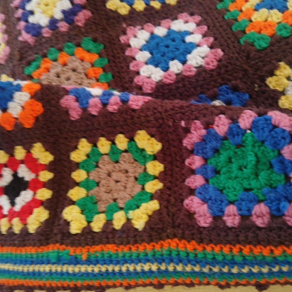 Vintage 70's Handmade Blanket Granny Square Farmhouse Cottage Core Crochet
